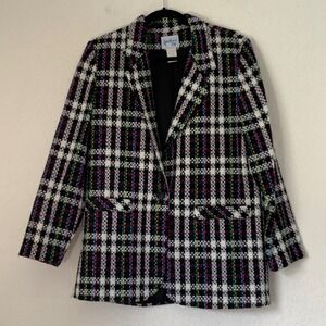 Vintage 90s Black Rainbow Plaid Tweed Blazer Women 10P Pockets Career Academia